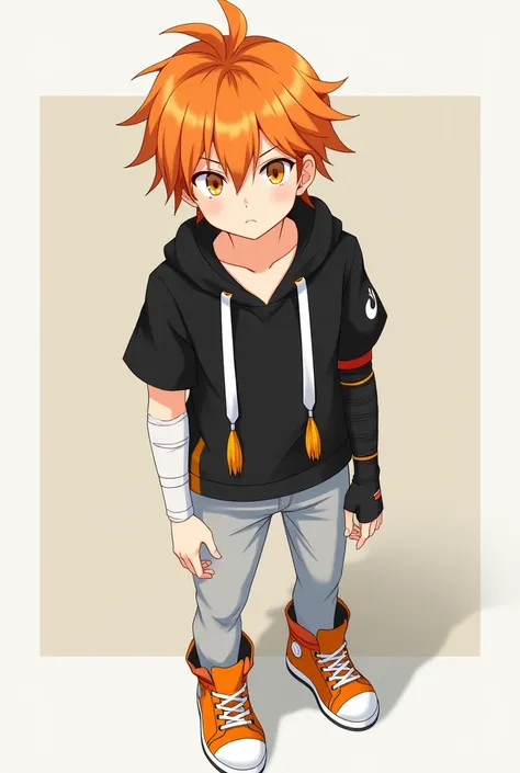  Anime boy with orange hair with fringe on the right side , orange eyes, short-sleeved black blouse, with two white laces with an orange bottom end on the blouse,  one arm with black sleeve with orange details and on the other arm with a bandaged hand,  li...