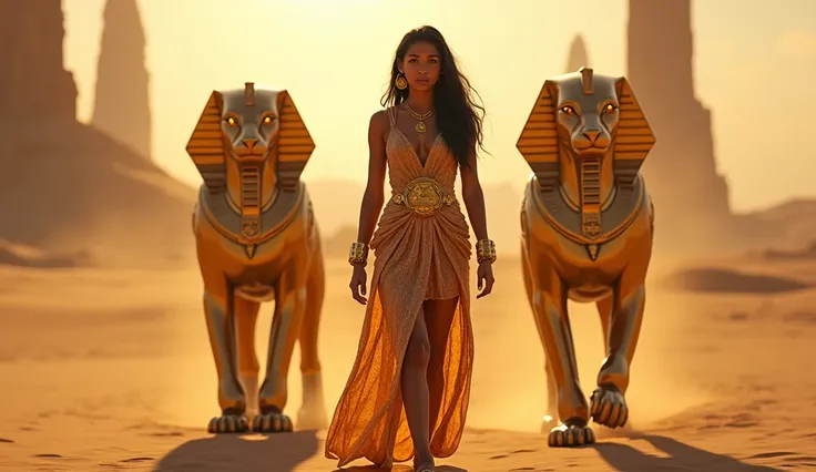 A young Egyptian princess walking through the desert next to two golden sphinxes.  She wears a flowing dress with patterns inspired by sand and technology , and her bracelets emit energy . In the background,  dunes illuminated by futuristic energy towers ....