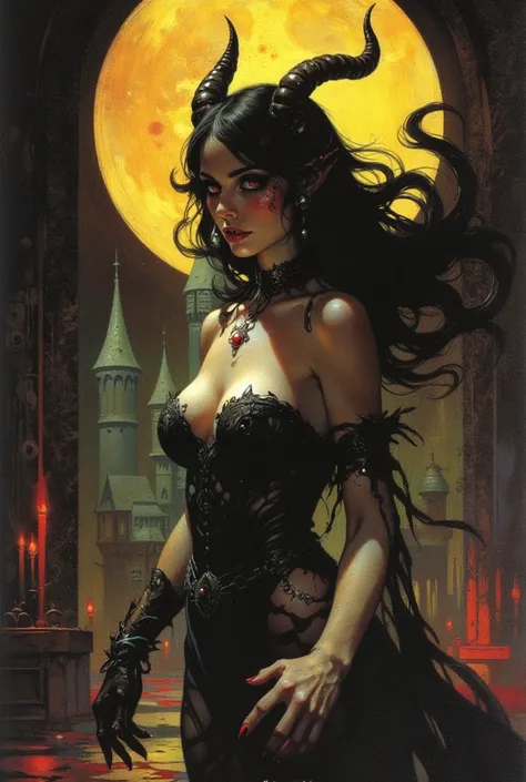 Gloomy, creepy horror, something out of this world. (full-body Female flirtous Succubus-demon of lust and debauchery), evil but beautiful face, glossy dark cherry-yellow hellish look, scary-beautiful expressive look in the style of Frank Frazetta, Aykut Ay...