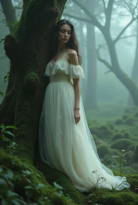  woman in a white dress leaning against a tree, body draped in moss, eerie moorlands behind her, misty and wet, amidst nature, lost in a dreamy fairy landscape, ethereal beauty, covered in moss, a still of an ethereal, ethereal and dreamy, veiled in mist, ...