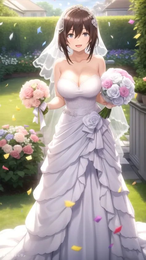 masterpiece, best quality, high quality, girl, solo, looking at viewer, fumiya_tomozaki, brown hair, hair between eyes, large breasts, wedding Dress, standing, garden, confetti, holding bouquet, smile, open mouth,