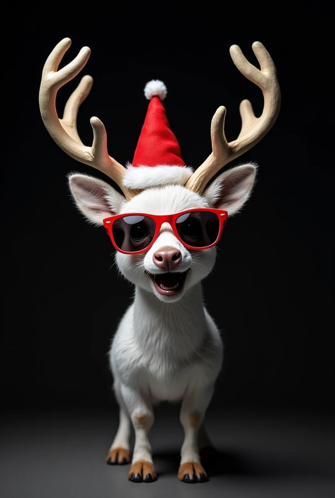 hat, antlers, sunglasses, reindeer_antlers, solo, santa_hat, deer_ears, black_background, 1boy, no_humans, christmas, male_focus, simple_background, meme, red_headwear, animal_ears, open_mouth