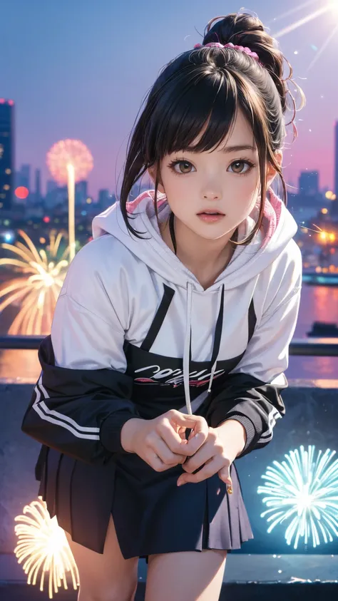 ( best quality:1.2,  Very detailed, Latest,  vibrant ,    high contrast , masterpiece:1.2,  best quality,  best aesthetics),   girl, ((  Frontal Knee-Up Shot  :1.4)),   colorful hair,Short bob ponytail with braids   ,  pastel colors,  1980s Style , ((retro...