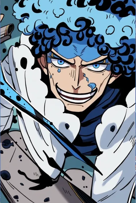  A male character from One Piece , Who has short curly hair ,  and dark blue , light skin, white clothes, blue eyes, Hes holding a rifle, He is  , Show his whole body