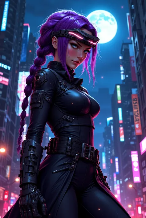 Female figure with long purple braided hair, low-angle shot, LED visor, night city backdrop with intense moonlight, colored spotlight effects, industrial atmosphere, ultra-detailed mechanical elements, sharp contrast lighting, technical surface details, dy...