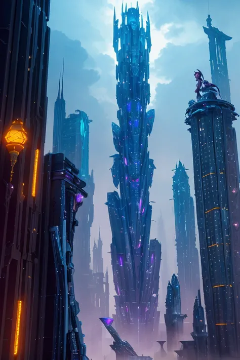 A sprawling arcanepunk cityscape reminiscent of Coruscant, with towering skyscrapers glowing with arcane runes and energy conduits. The skyline is layered, with flying vehicles and magical constructs zipping between levels. The lower levels are shrouded in...