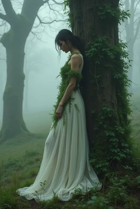 Woman with her back to the viewer in a white dress leaning against a tree, body wrapped in moss, mysterious moors behind her, misty and damp, in the middle of nature, lost in a dreamy fairy landscape, ethereal beauty, covered in moss, a still image from an...