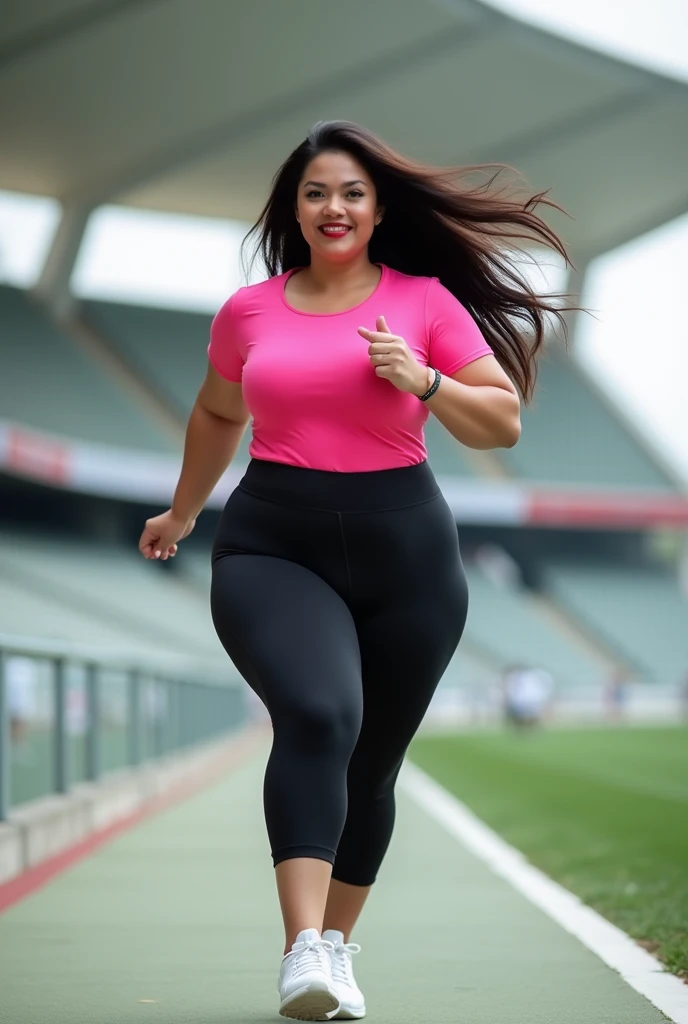 Indonesian mature woman , wearing a tight t-shirt in pink ,  very tight leggings in black,  white sports shoes , curvy body,  long faceted model hair,large round buttocks , beautiful hips , bulging round breasts , wide lips red , Face to camera with sweet ...