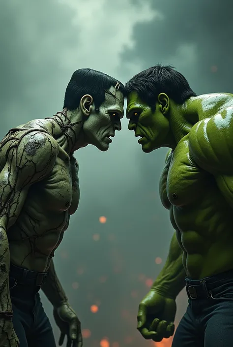 Create the Frankenstein Monster with seams on body parts and the Hulk together face to face 