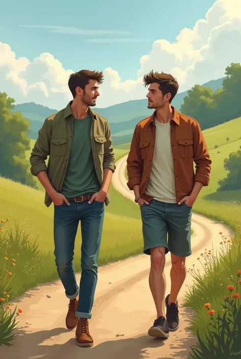 two young men walking on a dirt road while talking that are a little separated