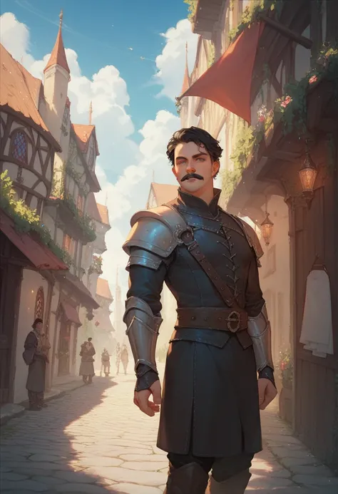 medieval fantasy style.  A man with black hair shaved on the side, bigode mustache. He wears a tight outfit ,  an outfit that reminds him of being a thief . Street scenery of a medieval city.