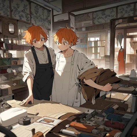  A young man with short orange hair , slightly messy,  with a focused and enthusiastic expression .  She wears a white short-sleeved t-shirt and a dressmakers apron over her clothes.  He is sitting at a work table in a clothing workshop ,  surrounded by co...