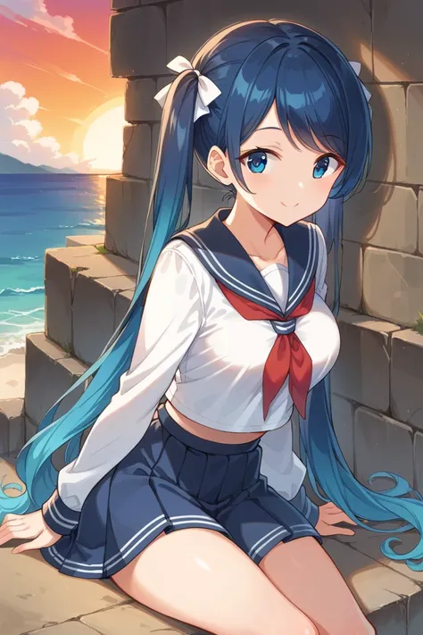 score_9, score_8_up, score_7_up, source_anime, 1girl, royal-blue hair, gradient hair, very long hair, straight hair, swept bangs, twintails, hair white ribbons, blue eyes, tareme eyes, smile, medium breasts, sitting on wall, stone wall, beach, sunset, high...