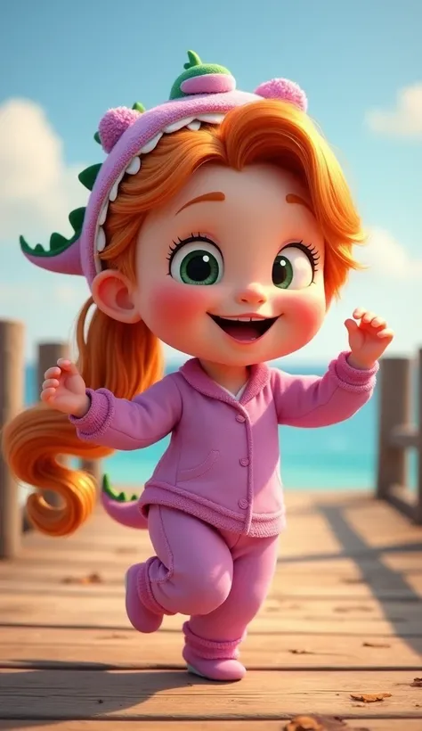 Disney Pixar style character Rapunzel baby with a ponytail in her hair and who is red-haired and has a full body and a pier to move her dancing who has a dinosaur hat and pajamas 