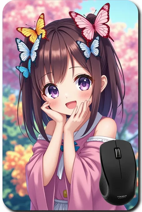  Photorealistic 、 Japanese anime characters drawn on them(Chibi Girl、smile、Butterfly Hair Ornament、 colorful 、whole body、Comical pose)A mouse pad with a picture on it