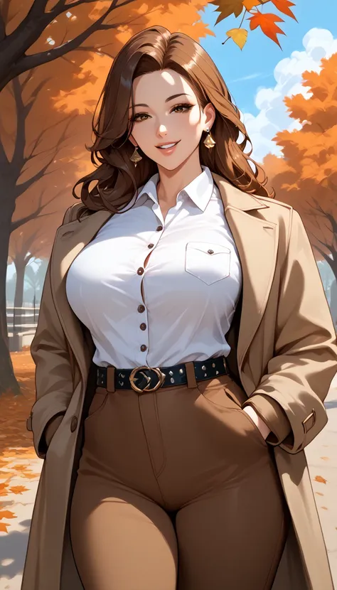 1girl, solo, long_hair, breasts, looking_at_viewer, smile, bangs, brown_hair, large_breasts, shirt, long_sleeves, original, brown_eyes, jewelry, standing, jacket, white_shirt, cowboy_shot, earrings, parted_lips, open_clothes, outdoors, day, belt, pants, co...