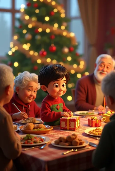 Get Pixar-like the whole family grandmother , grandfather, uncles and cousins sitting at Christmas dinner the brown-haired boy in the red and green sleeve shirt opening Christmas presents on the Christmas tree 