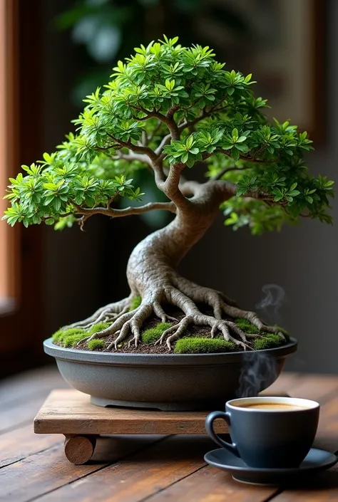  A hyper realistic photo ,  looks Bonsai tree in pot , size 100x50 cm ,  root grooves that look Epic, aesthetic ,  on an old wooden table ,  and Cup of steamy hot coffee  ,Shot in cannon 16K HDR 120FPS DV ultrahd 32k,  no digital noise 