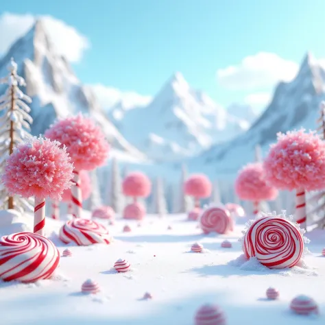  A playful setting with snow , mountains covered with snow ,  trees shaped like lollipops , blue sky,  red and white striped lollipops 