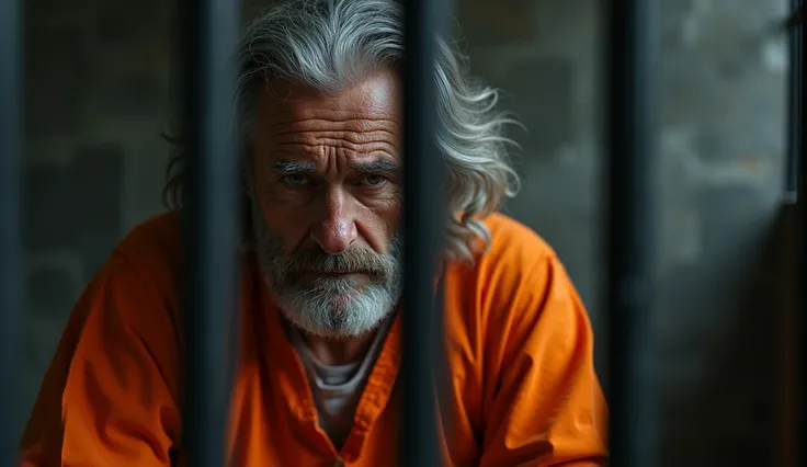 (photorealism:1.2), A realistic, close-up image of a middle-aged man with graying hair and a scruffy beard, dressed in an orange prison jumpsuit. He looks downcast, sitting in a small, bare prison cell with bars in the background. The atmosphere should be ...