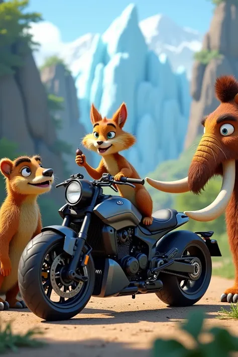 I want you to play the protagonists of the ,  ice age together with a linear motorcycle brand pulsar
