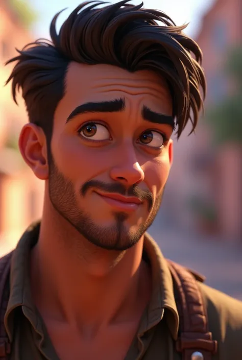 "Disney Pixar style image of a handsome man with short straight hair, thick eyebrows, sleepy eyes, little beard on his face, dark brown eyes, slightly arched lips"