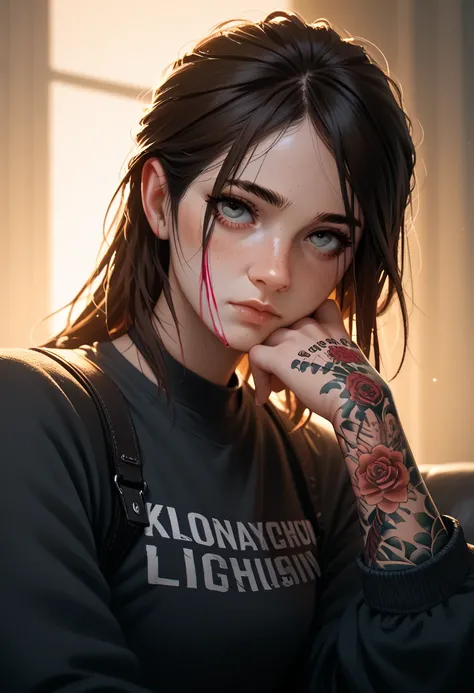 photo of ohxw, ellie, tattoo on left arm, woman, black jeans, close up, , long length hair, face details, low key lighting, blood on her face. Sexy face. Cyborg outfit