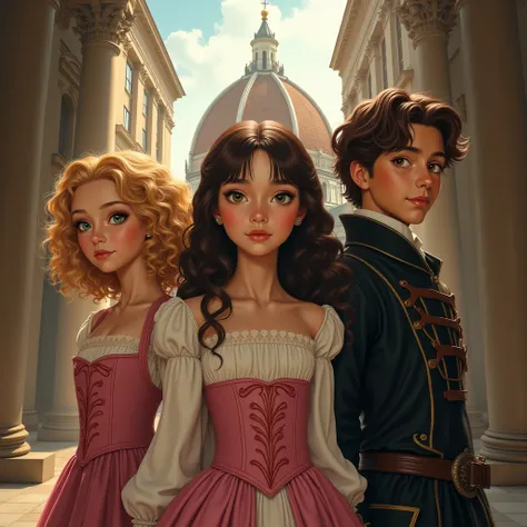  Renaissance film cover with three protagonists.  The first is a blonde girl with curly hair , round face,  green eyes, without eyebrows,  dressed in a pink corset dress . The second is a girl with very dark brown hair ,  with a thin face ,  with short ban...