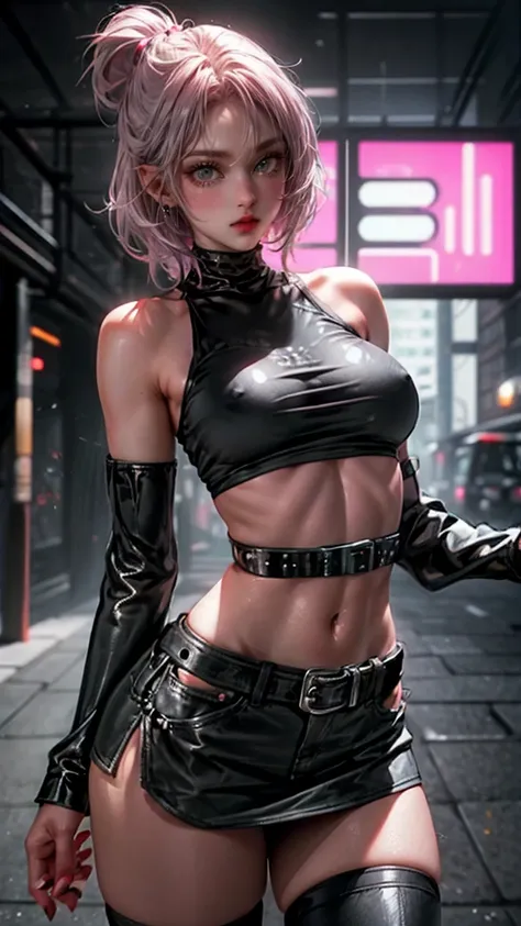 woman,  Pink Grey Hair , Green Eyes,  wearing a black crop top shirt,  Long Black Jacket ,  red check skirt , ( black knee-high boots ), black fingerless gloves , exposed shoulders, (whole body), Big breasts Freckles, ,  abs,  watch viewers, masterpiece,  ...