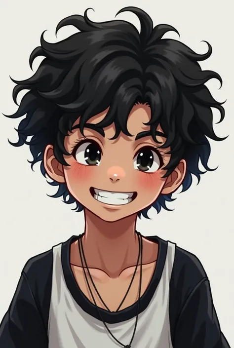  Curly haired dark-haired boy, black and white clothes, necklace around the neck,  dark eyes, slightly naughty smile on the face ,  black hair,  plain background,  high resolution, details altos, detail,  super detail , Ultra HD,  Textured Skin, HD model, ...