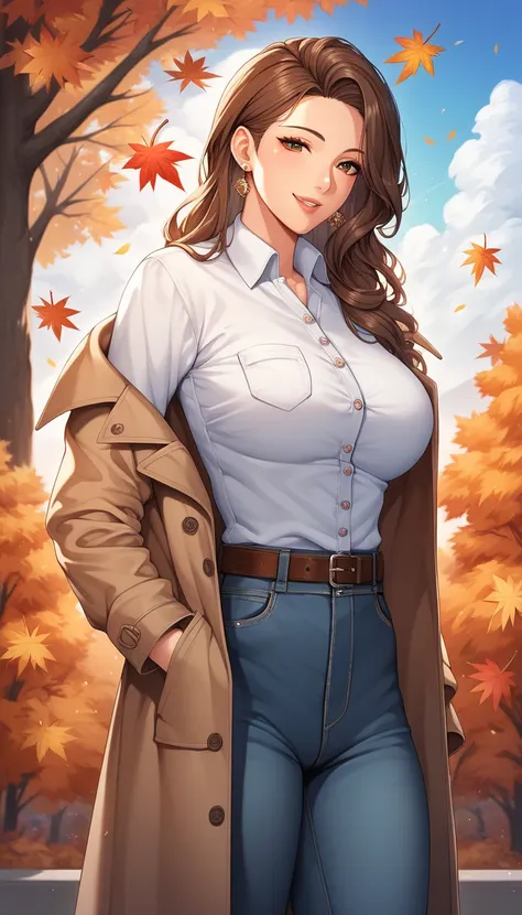 1girl, solo, long_hair, breasts, looking_at_viewer, smile, bangs, brown_hair, large_breasts, shirt, long_sleeves, original, brown_eyes, jewelry, standing, jacket, white_shirt, cowboy_shot, earrings, parted_lips, open_clothes, outdoors, day, belt, pants, co...