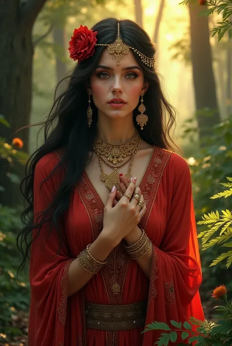 Gypsy dove in red clothes and gold jewels in the forest 