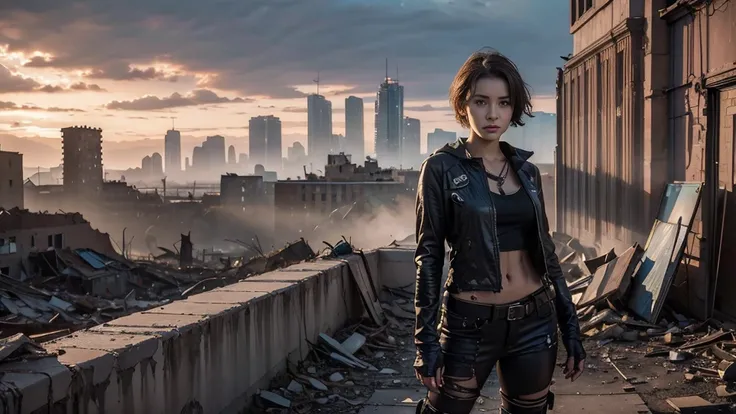 masterpiece, high resolution,8K,(Portrait Photos:1.5),(R Original Photo),Reality,Digital Photography,(Apocalyptic ruins ),City ruins，beautiful 20 year old woman，Short hair，sentry， post-apocalyptic scene， upper body photography ， broken clothes