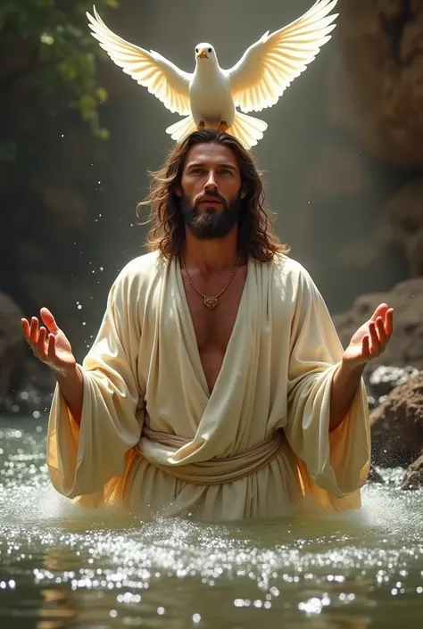 The image shows an artistic representation of Jesus during his baptism. He has a serene expression and outstretched hands as water appears to be poured over him. A white dove, symbolizing the Holy Spirit, is perched on his head with its wings spread in mot...