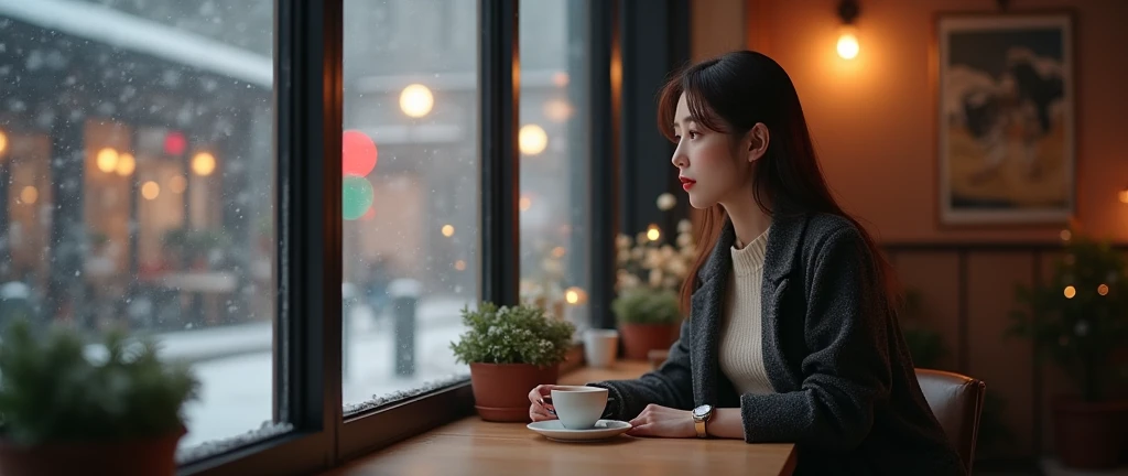 
background: 겨울의 고요한 풍경 속,  The silhouette of a woman sitting by the cafe window is illuminated in solitude under dark lighting .  I can see faint snow falling outside the window and sparkling snow under the street lights .  The cafe is warmly lit, but the...