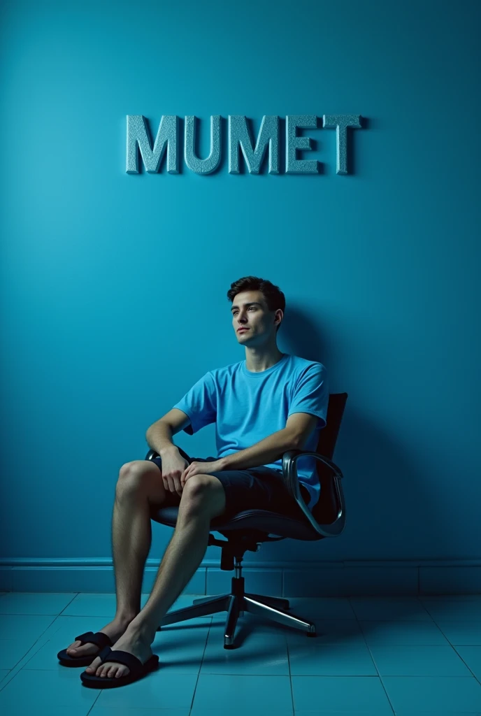 A guy sitting pensively with his face turned to the camera in a dress designed with a T-shirt playing black shorts wearing flip flops with silence in a blue room with a very vivid aesthetic room decor with a quiet and quiet feel on the wall of the room the...