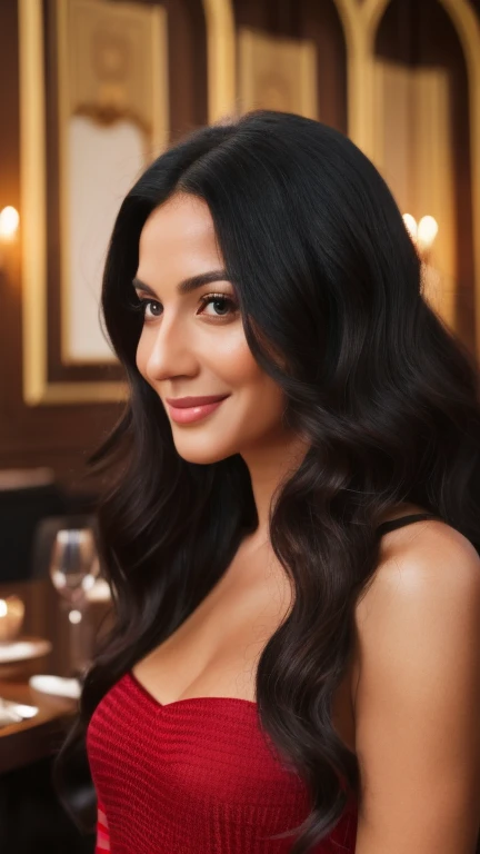  an adult woman ,  long hair,  curly hair,  black hair, First shepherd,  brown eyes , smile, casual, elegant red elegant dress , realistic,  with a background in a chic restaurant, 8K super realistic, super detailed Its realistic