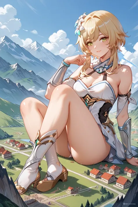 Genshin impact Lumine. Foregroung objects. In a fantasy landscape. Giantess. Reclining behind some mountains. People on the streets. Shiny hair. Shes holding a citizen on her hand.