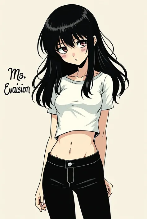 In the style of Junji Ito, Junji ito Manga type image, girl, tight white crop top, black leggings, afraid, medium length hair, long bangs, text in the corner says "Ms. Evasion" in fancy text 