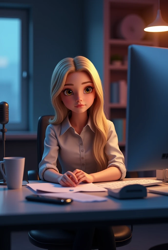 A stunningly realistic 3D render of a 18-year-old , golden hair, cute American girl speaker confidently seated at a desk in a modern wearing t shirt, dimly lit studio. The lifelike features, including intricate skin textures and natural lighting effects, m...