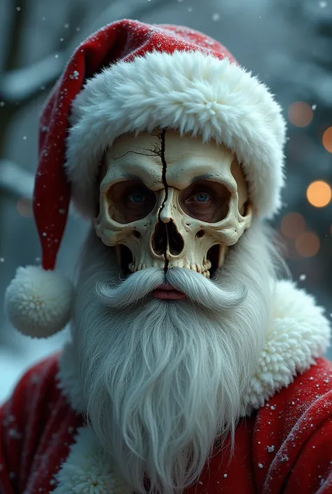 I would like to create an animated image of Santa Claus that shows half of the human face with completely normal skin and the other half that shows the bones of the face, the bone part.