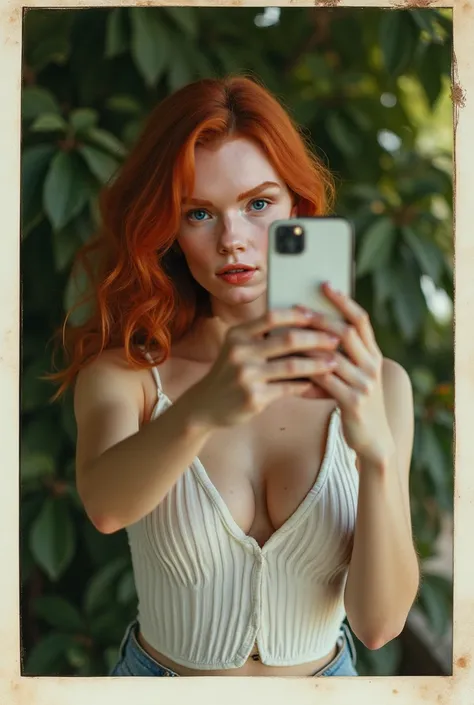 Polaroid filter, with red hair, sexy young woman, very cute girl with beautiful blue eyes, juicy figure, big breasts, wide thighs, takes a selfie on the phone in front of a tree, red hair and freckles, red hair with freckles, blue eyes