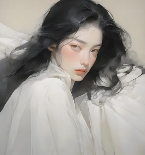  A young woman with long and smooth black hair ,  with extremely white and luminous skin ,  covered only by a soft white sheet that falls strategically , revealing a large part of her skin .  Her posture is relaxed and sensual ,  with her head slightly til...