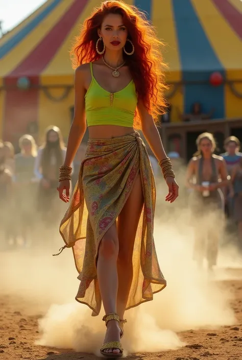 accompanied by a rooster tail of dust. An exotic-looking woman with a mane of bright auburn hair stepped out. She wore a figure-hugging chartreuse tank top tucked into a printed sarong skirt that revealed long bare legs and a pair of jeweled sandals. Big g...