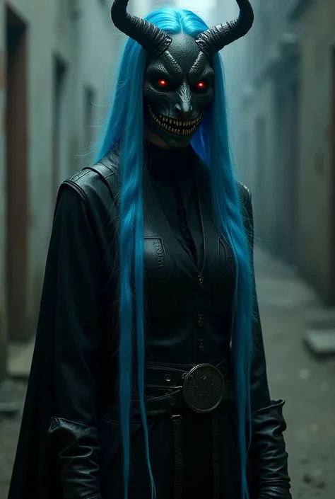 a menacing-looking teenager , with a very long blue braid , dressed in black,  with a Black Death Doctor mask ,  has to look like Jinx from the Arcane series