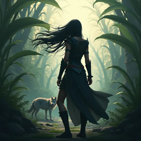 A female warrior thief, Black Hair,  from the back against the light ,  a round stone next to her, wolves , sombre,  giant plants ,  sensual light , 4k, epic 