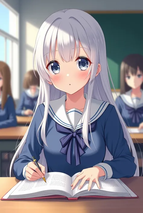 An anime-style illustration features a beautiful girl with long white hair and bangs, dressed in a blue school uniform. Her pale skin, delicate features, and calm expression exude elegance. Her bright gray-blue eyes are focused, and her lips are soft. She ...