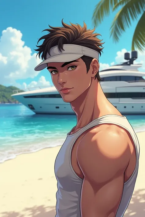 anime, Create a rich 23-year-old boy on a beach with a yacht in the background, visor rear view, 