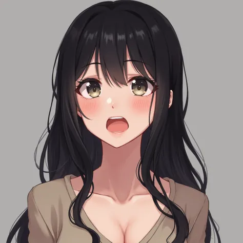 1girl, Solo, High Resolution, Long Hair, Breasts, Blush, Open Mouth, Black Hair, Simple background, (realistic, photo-realistic:1.37), young girl captures a playful expression with a sexy face, eyes looking upwards, Thogue out, Long dark hair frames the fa...