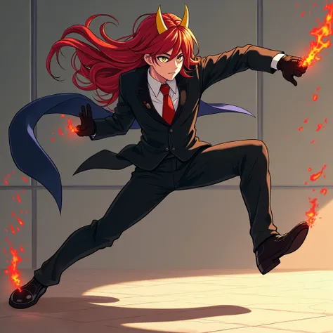 chico,anime,young,man,long deep red hair, yellow eyes and golden horns , dressed in a black suit, wearing a red tie ,long dark blue scarf ,wearing martial arts gloves,training fast punches and flying kicks with a mannequin,